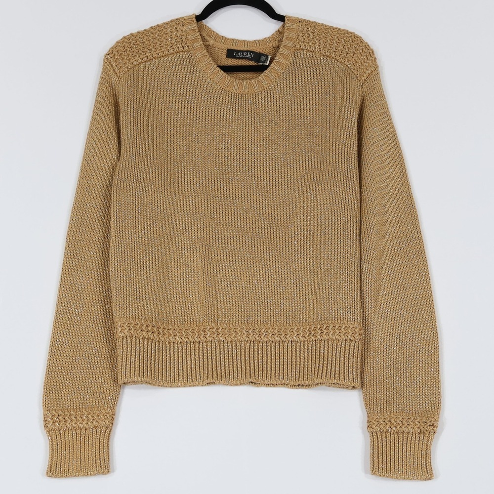 Lauren Ralph Lauren Sweater Women XL Gold Metallic Crewneck Chunky Twee Classic